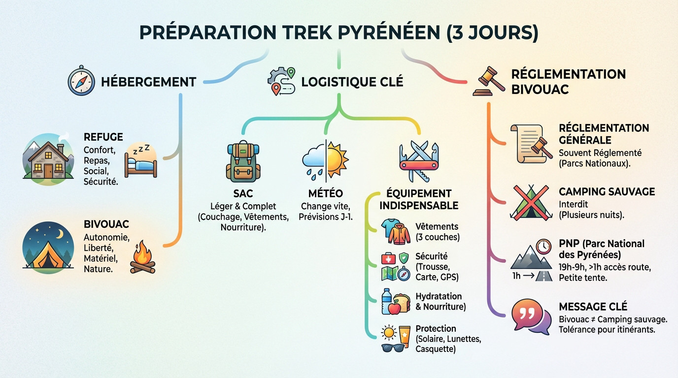 Randonneur préparant son itinéraire pour une randonnée de 3 jours dans les Pyrénées