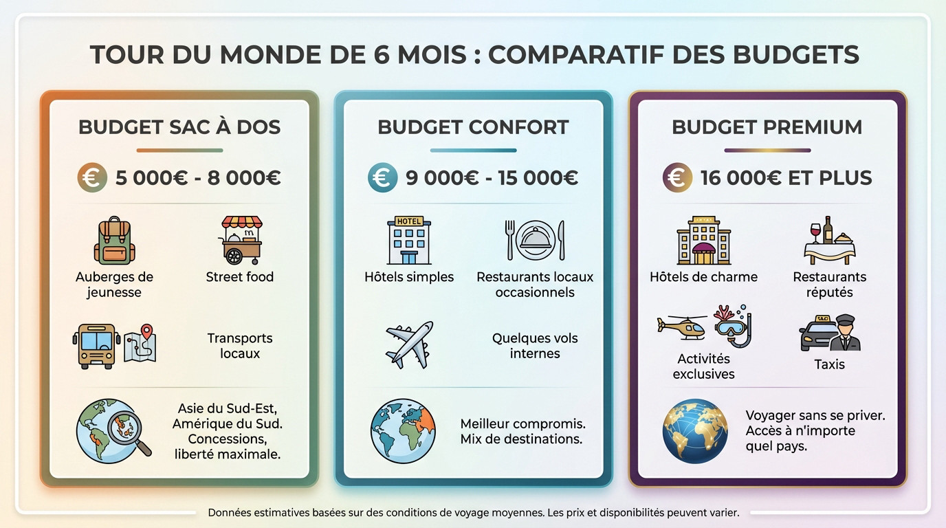 Graphique comparatif des budgets pour un tour du monde de 6 mois selon le style de voyage : routard, confort et premium