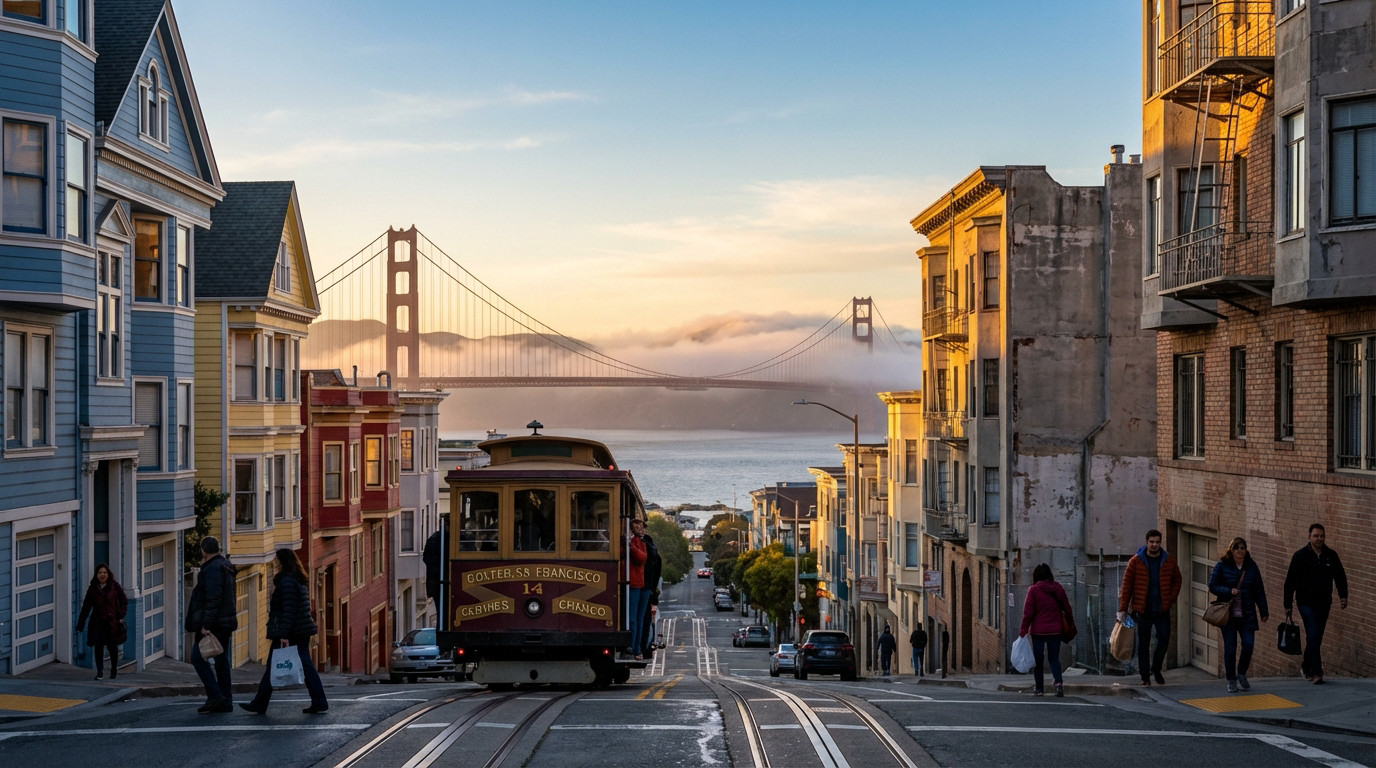 Photorealistic image of San Francisco: a cable car on a steep hill, Victorian homes, and the Golden Gate Bridge in fog at sunset.