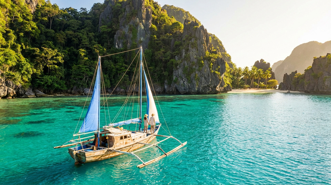 A traditional Filipino bangka with blue sails navigates turquoise waters past lush limestone karsts and a distant sandy beach in Palawan.