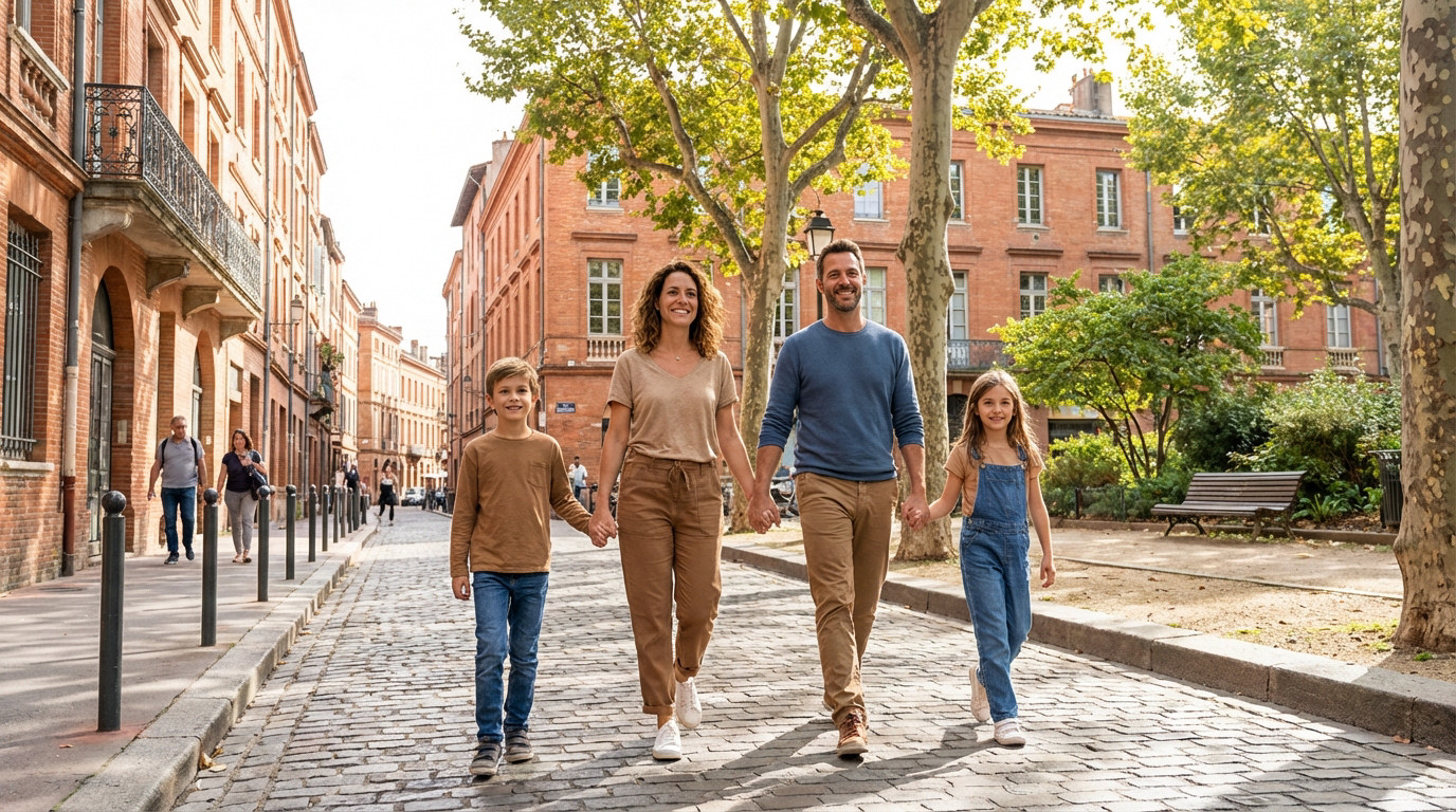 Famille souriante (deux parents, un garçon, une fille) marchant main dans la main dans une rue pavée de Toulouse, entourée de bâtiments en briques roses et d'arbres.