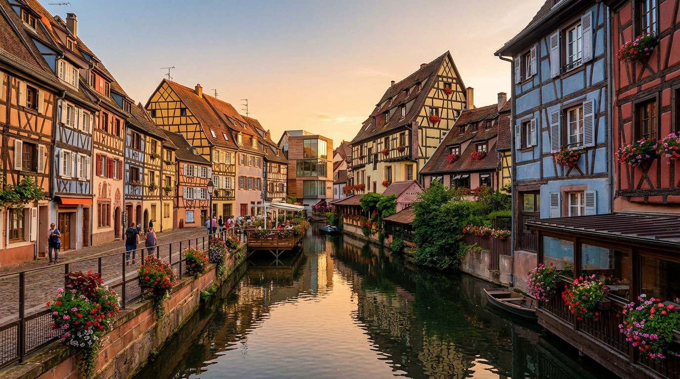 Vue panoramique sur la Petite Venise de Colmar au coucher du soleil, avec des maisons à colombages colorées et un canal.