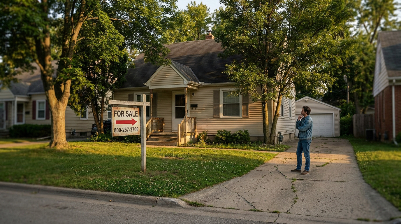 Photo of a beige suburban house with a 'For Sale' sign. A man stands on the driveway, contemplating the property in golden hour light.