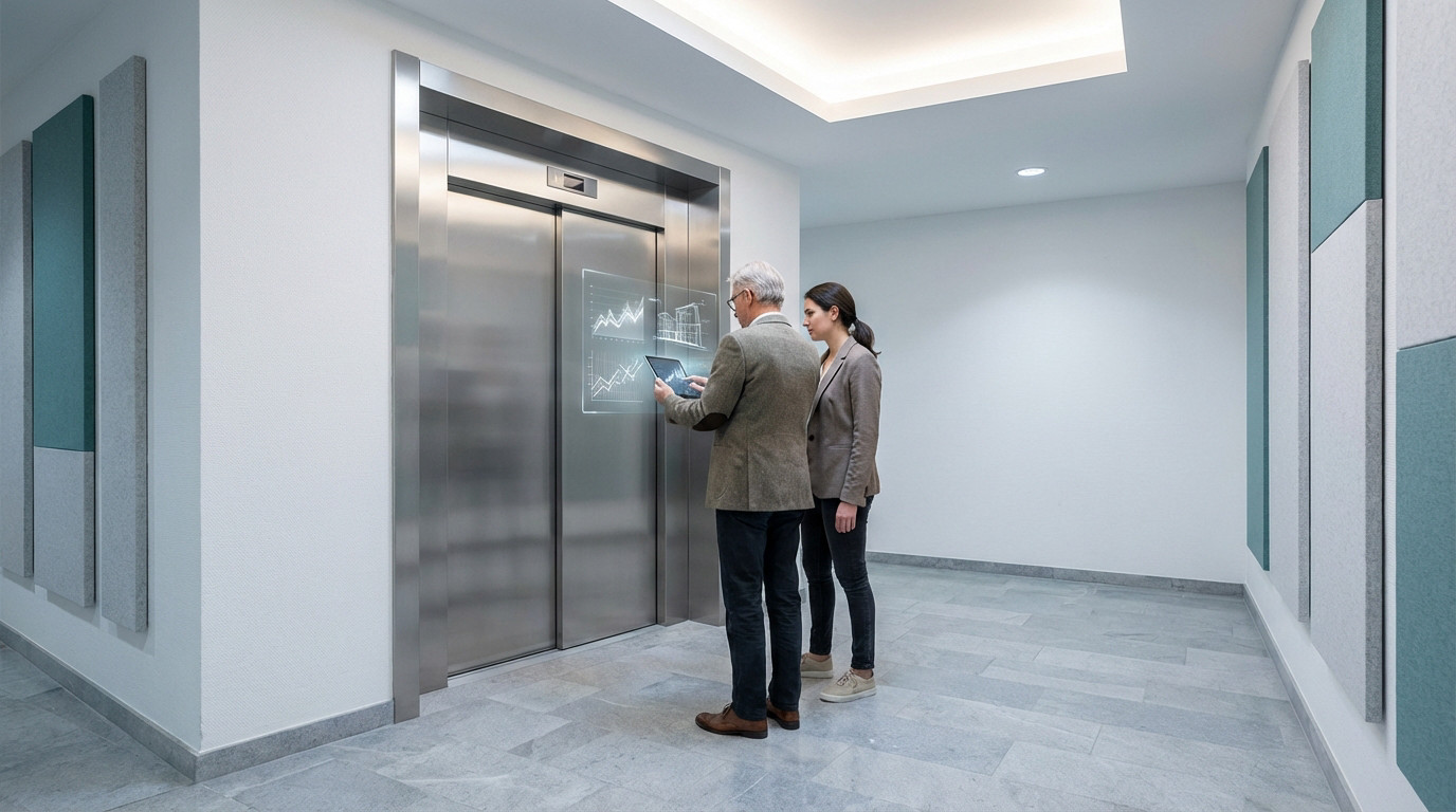 Deux experts consultent des données et graphiques en réalité augmentée sur la porte d'un ascenseur moderne, pour sa planification ou maintenance.