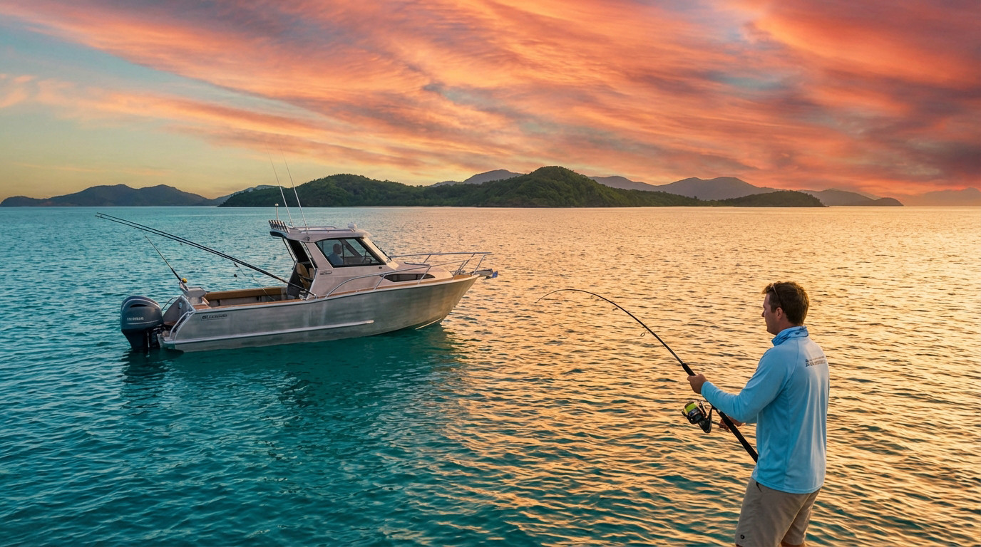 A person fishes from a modern boat on a calm, turquoise tropical ocean at sunset, with lush islands and vibrant sky.