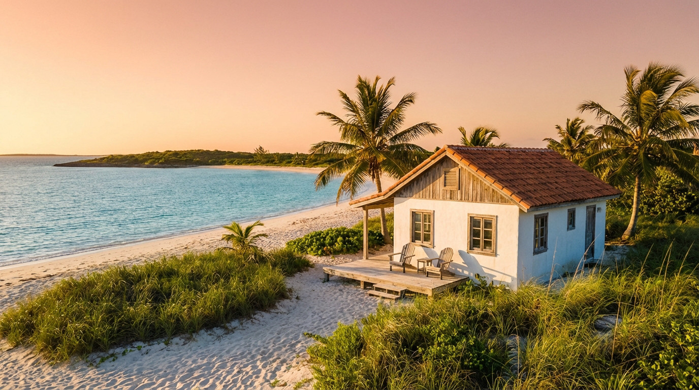 A charming white beachfront house with a terracotta roof and wooden deck overlooks a turquoise sea at golden hour. Palm trees and green vegetation frame the serene sandy beach.