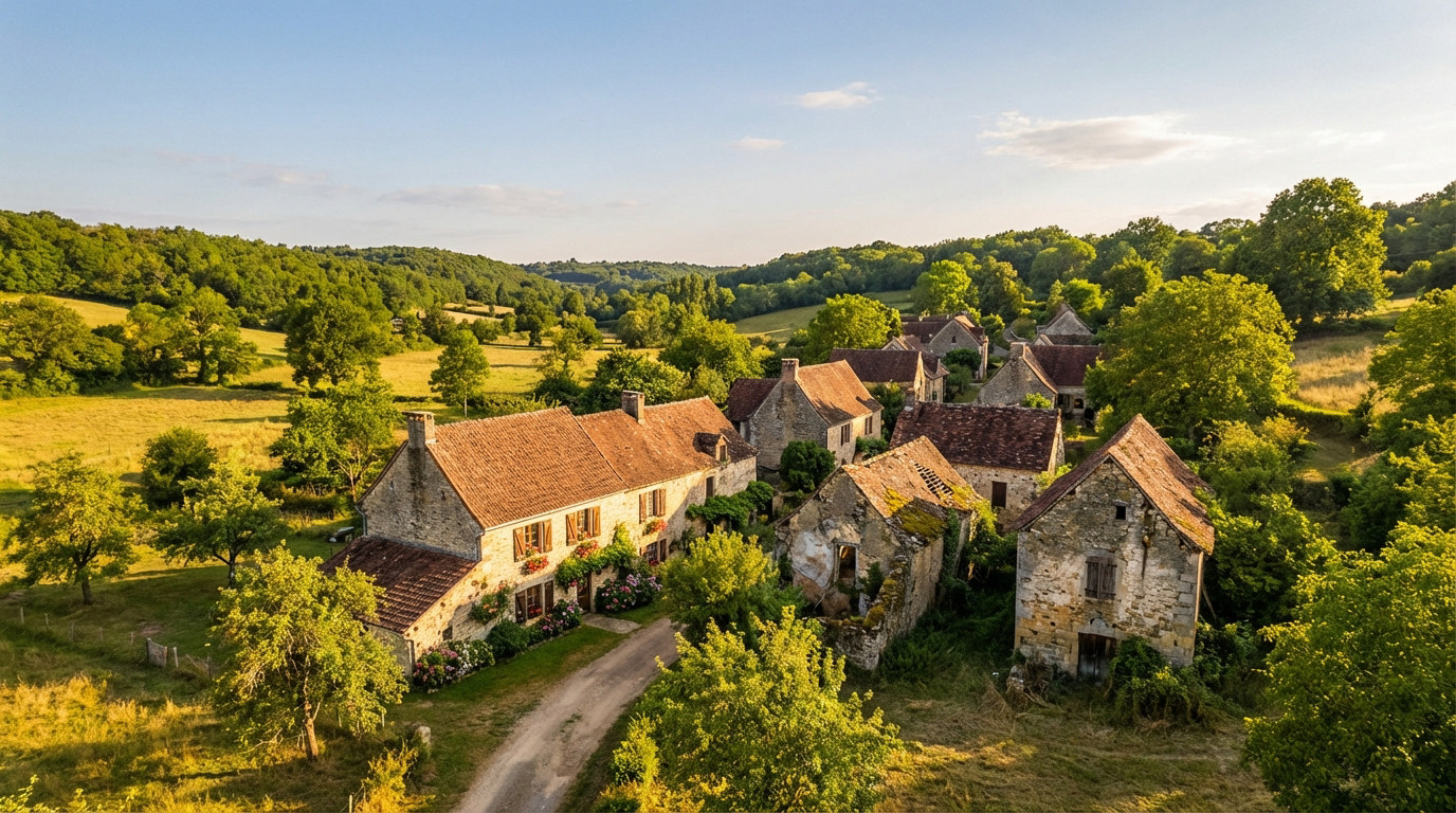 Aerial view of a charming stone hamlet with terracotta roofs in a lush green rural landscape under a soft blue sky, bathed in warm sunlight. Some homes are well-kept, others need renovation.