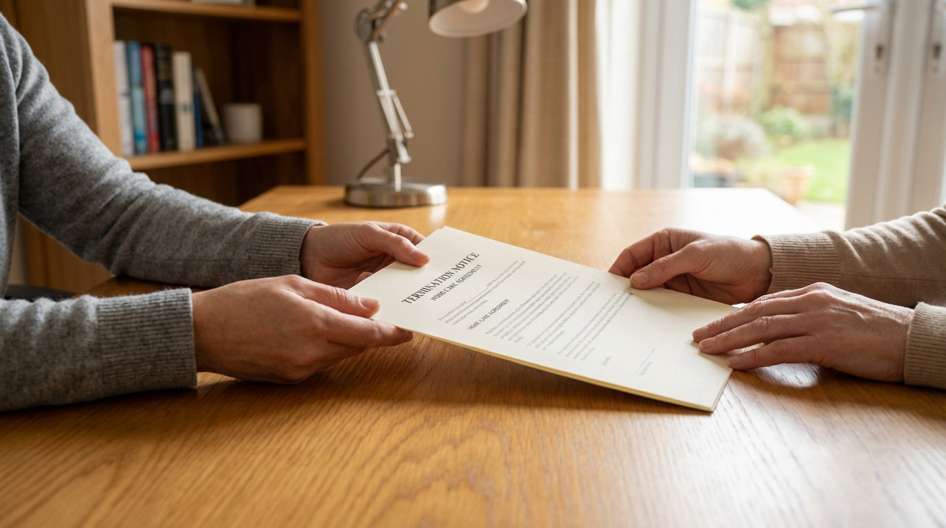 Two pairs of hands exchanging a "Termination Notice" for a "Home Care Agreement" on a wooden desk in a warm, well-lit home.