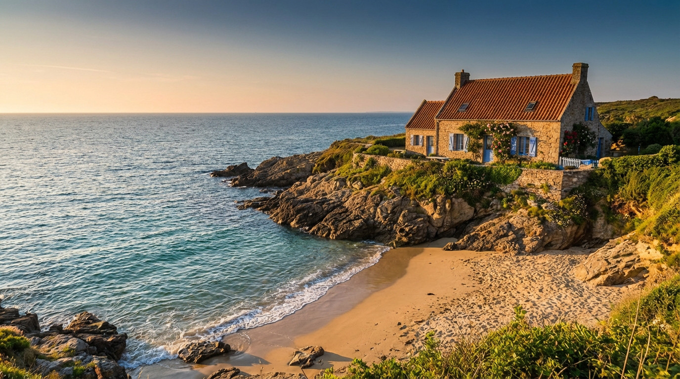 A charming stone European coastal house with blue shutters on a rocky cliff overlooking a sandy beach and turquoise sea at golden hour.