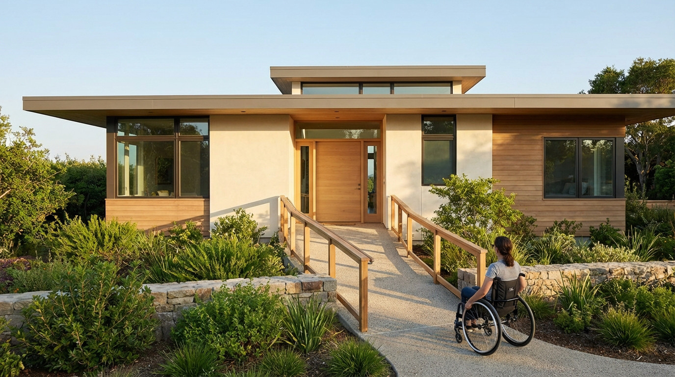 Modern accessible home with a gently sloping ramp to a wide wood door. A person in a wheelchair is at the ramp's base, surrounded by lush greenery.