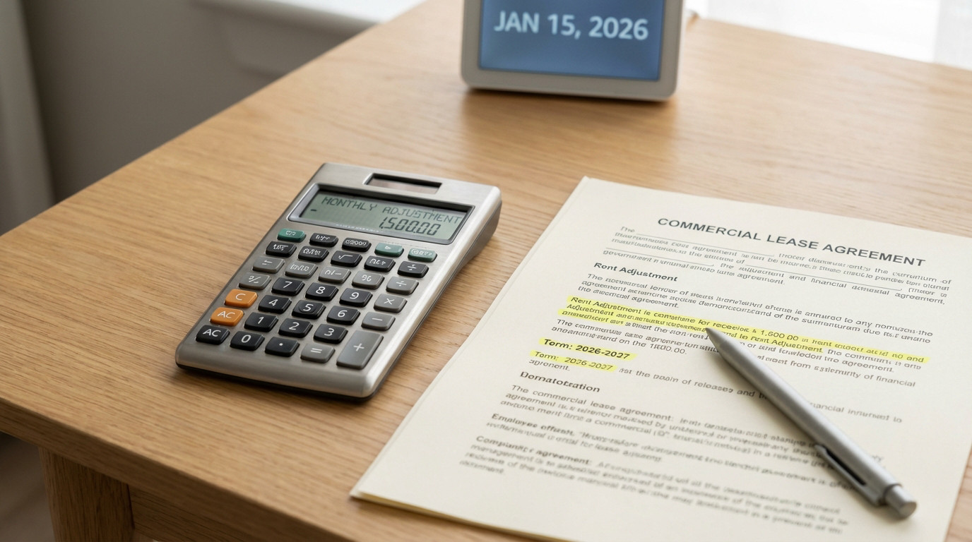 Calculator displaying "MONTHLY ADJUSTMENT 1,500.00" next to a highlighted commercial lease agreement, pen, and digital clock (Jan 15, 2026) on a wooden desk.