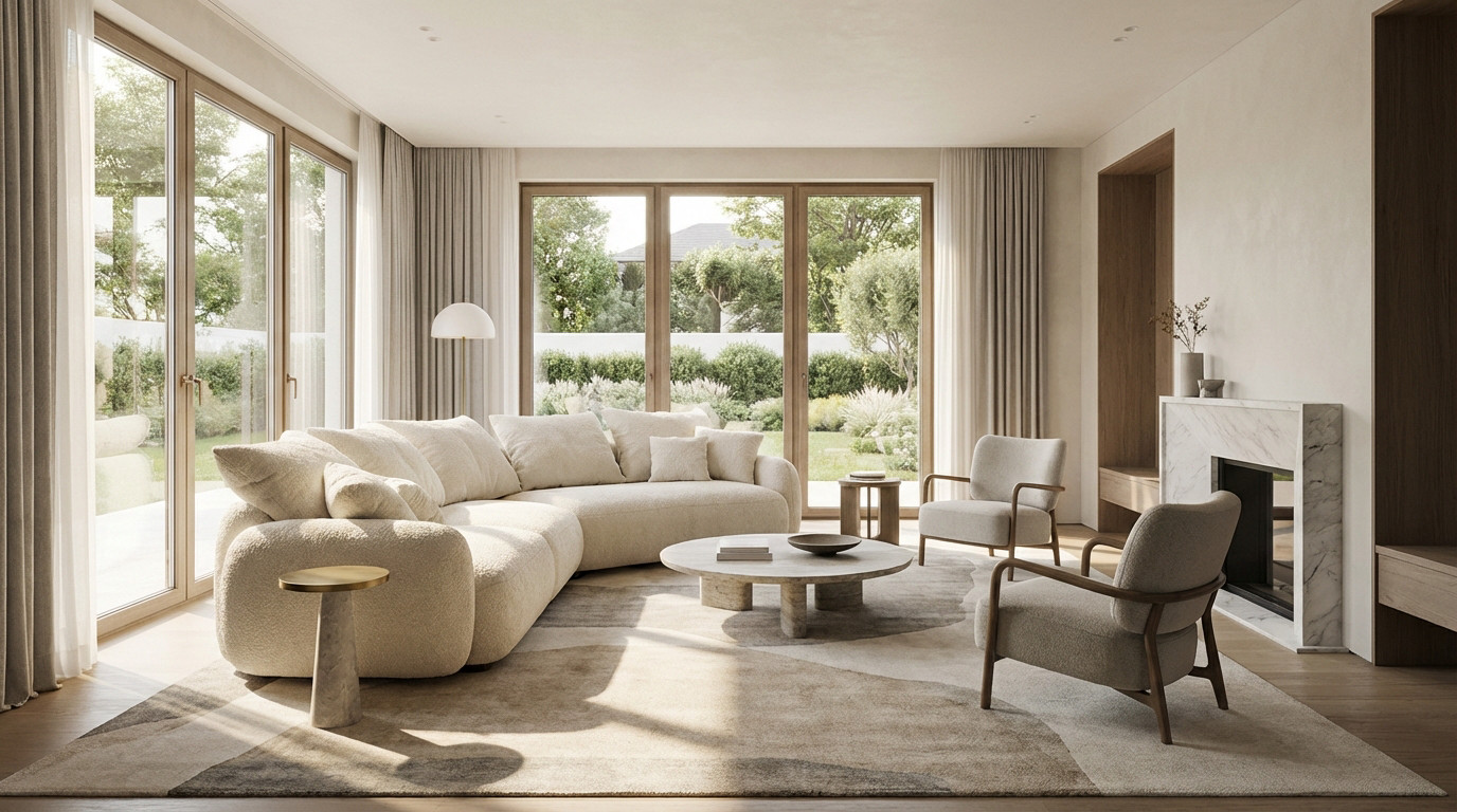 Luxurious cloud-like Lusso Canape sofa with plush cushions in a bright, modern living room with large windows and garden view.