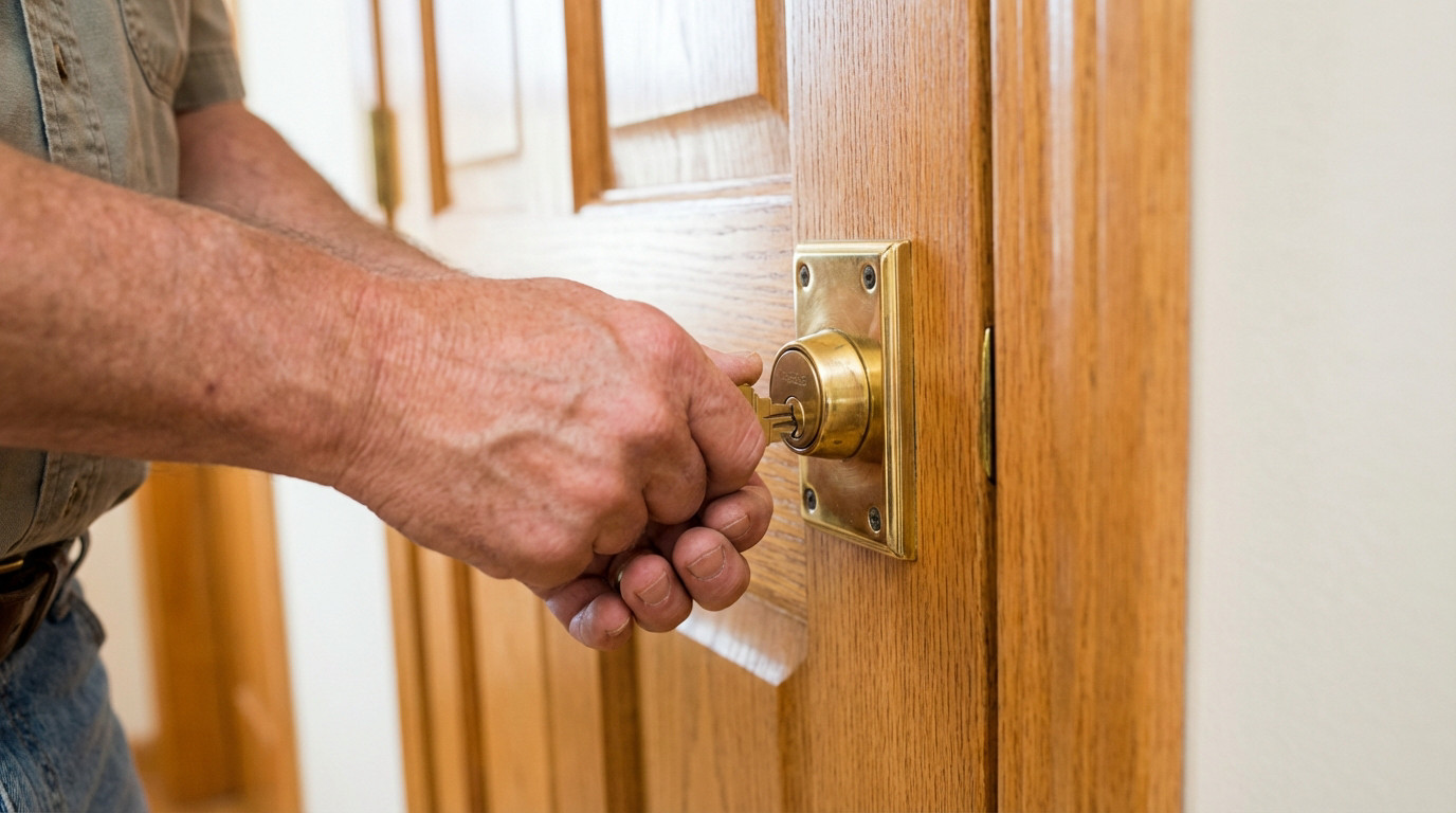 Gros plan sur une main insérant ou tournant une clef dans le cylindre d'une serrure à pêne dormant dorée sur une porte en bois.