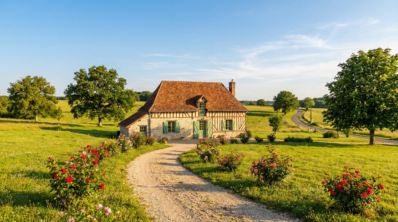 Maison de campagne traditionnelle en pierre et colombages, entourée de champs verdoyants et de rosiers, sous un ciel bleu.