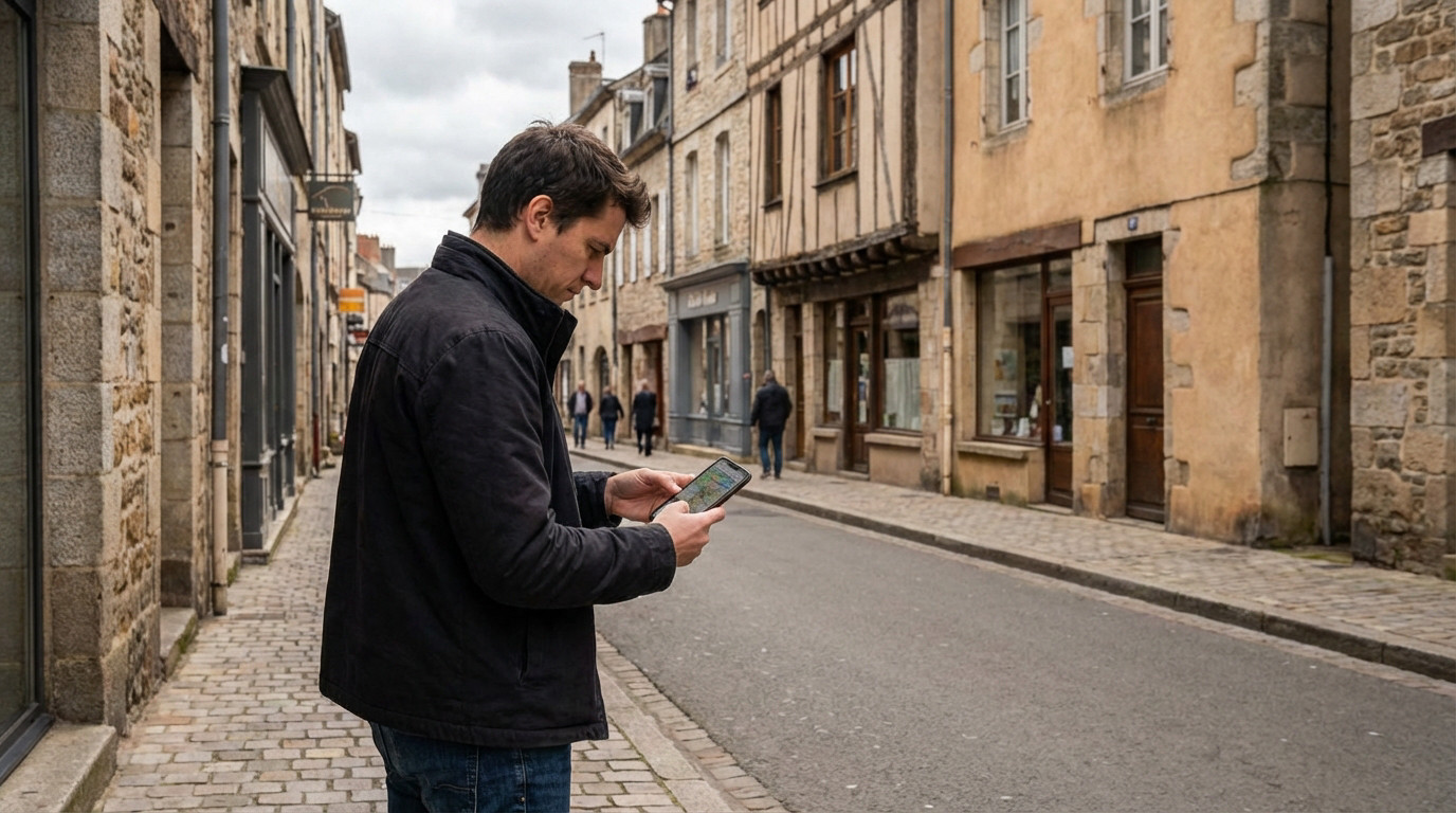 A man in a black jacket looks at his smartphone on a sidewalk. Old stone and timber-framed buildings line a French street.