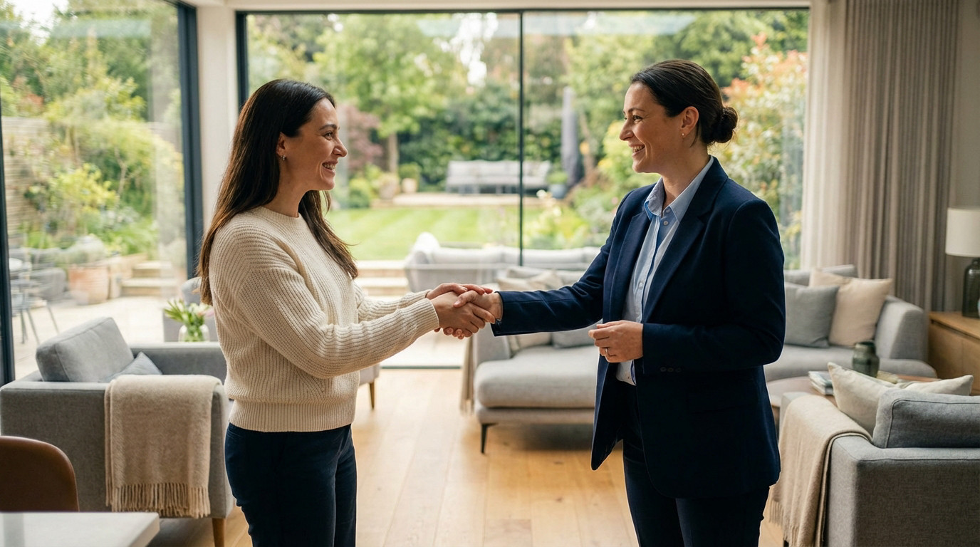 Two women, a real estate agent and client, shake hands and smile in a bright, modern living room with a garden view.