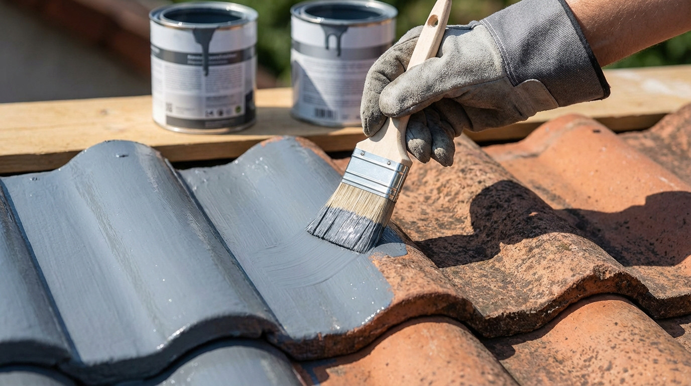 Une main gantée applique de la peinture grise sur des tuiles de toit en terre cuite, avec des pots de peinture en arrière-plan.