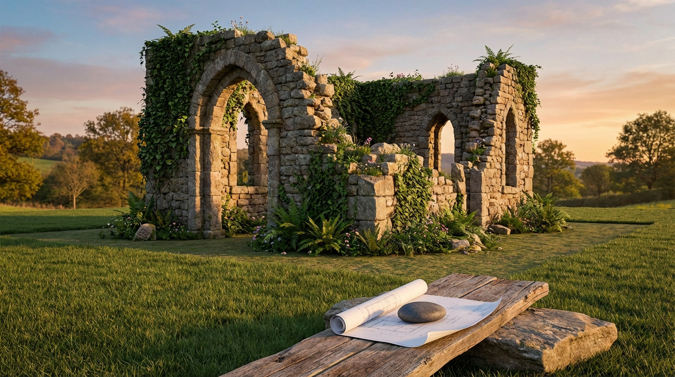 A picturesque, ivy-covered stone ruin stands in golden light. A blueprint in the foreground suggests plans for its hopeful transformation.