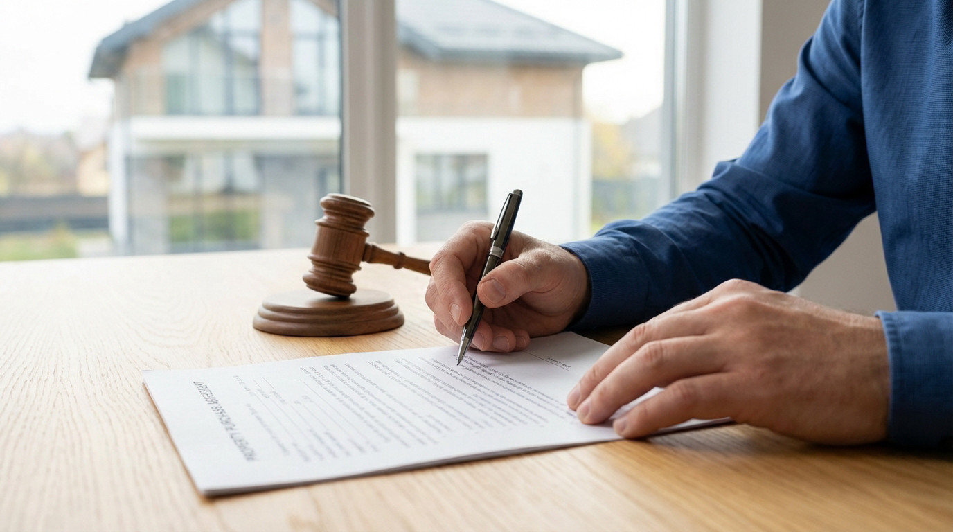 Close-up of hands signing a property purchase agreement on a light wood desk. A gavel rests nearby, with a blurred house in the background.