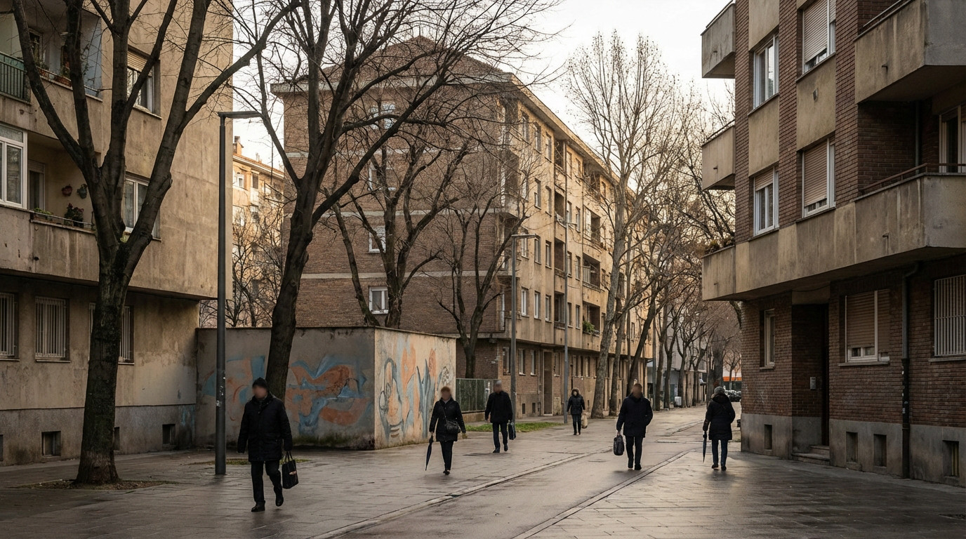 Wide-angle view of a quiet European street with concrete buildings, bare trees, and people walking in diffused light.