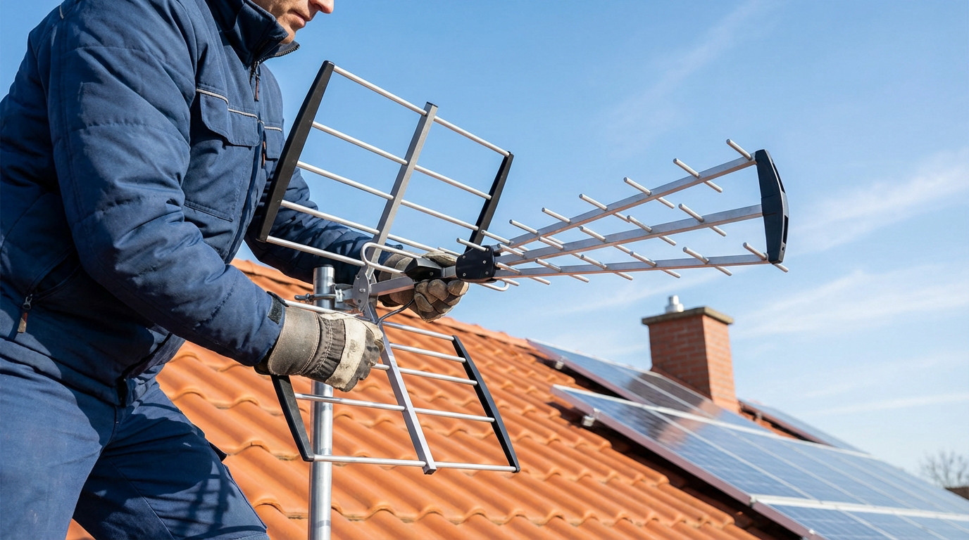 Installation d’une antenne TV sur le toit Un homme installe une antenne TV sur un toit en tuiles, avec des panneaux solaires et une cheminée. Ciel bleu clair.