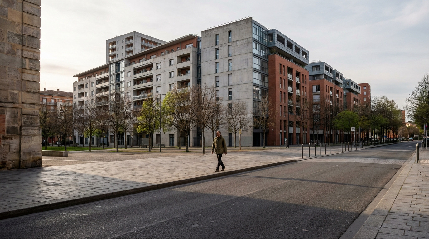 Modern urban street in Toulouse with large buildings, a person walking on a paved path, soft afternoon light, and subtle shadows.