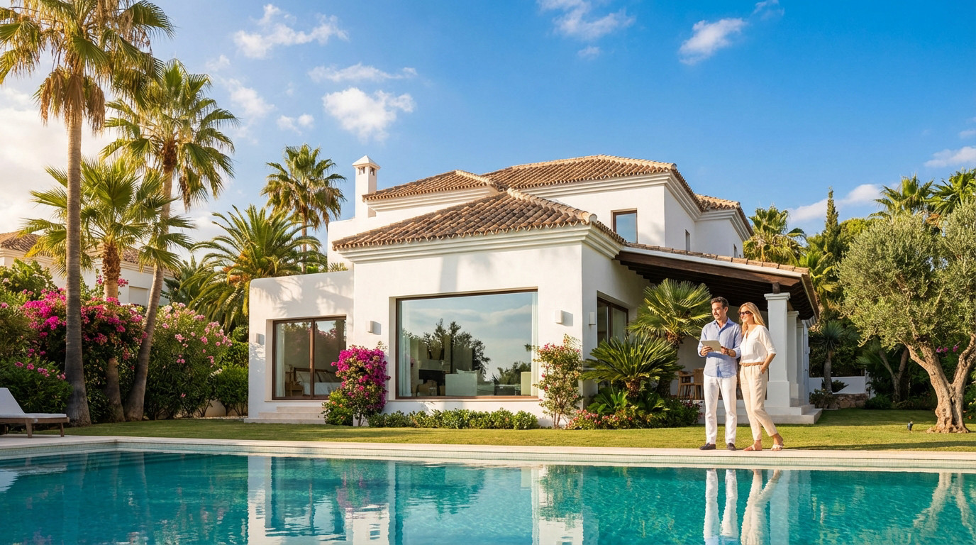 Couple élégant devant une villa blanche méditerranéenne avec toit en tuiles, piscine, palmiers et jardin luxuriant sous un ciel bleu.
