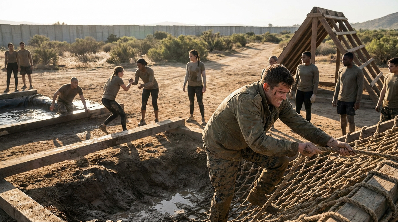 Un groupe de participants, certains couverts de boue, franchit un parcours d'obstacles extérieur : fosses boueuses, poutres et filet de corde. Effort intense.