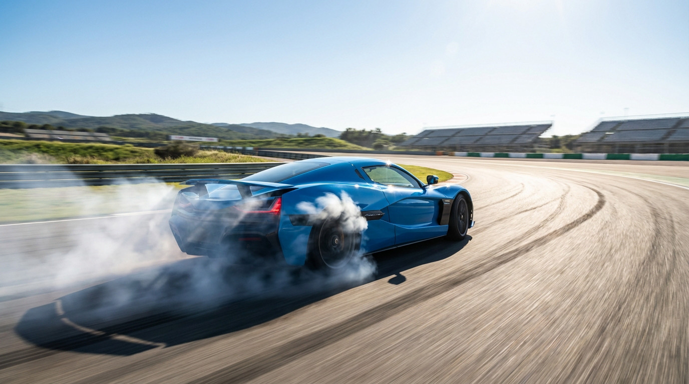 Voiture bleue haute performance en drift sur circuit ensoleillé, grandstands et collines en arrière-plan, nuage de fumée.