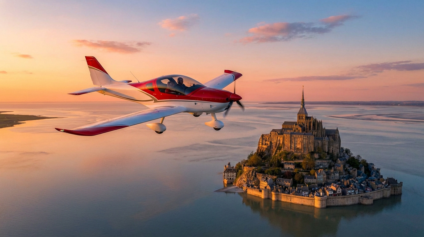 ULM rouge et blanc survolant le Mont Saint-Michel au lever/coucher du soleil, avec ciel orange et rose et reflets sur l'eau.