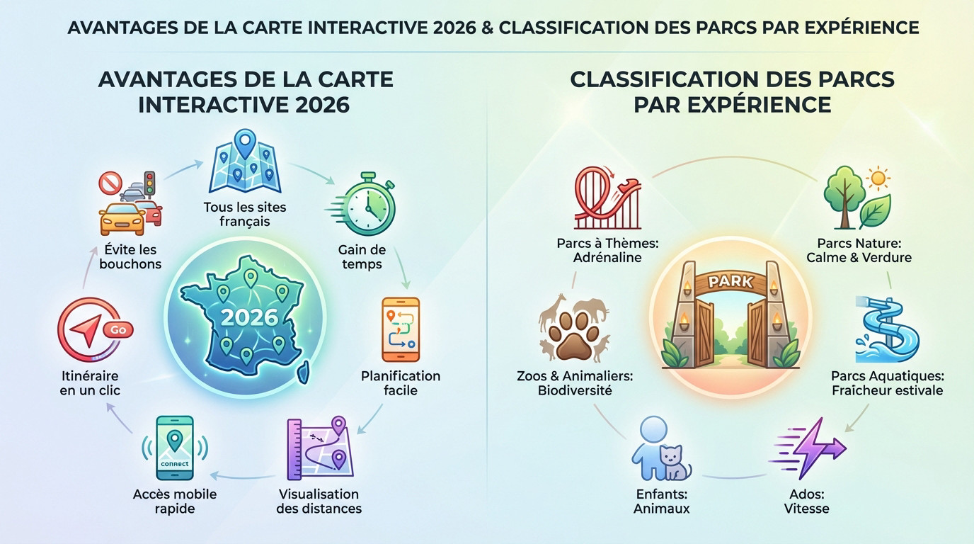 Infographie présentant la carte interactive 2026 et les types de parcs d'attractions en France