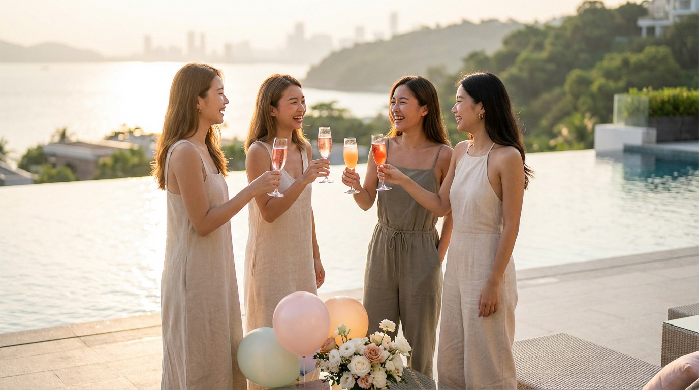 Toast EVJF au coucher du soleil entre amies Quatre amies souriantes portent un toast avec des cocktails colorés au bord d'une piscine à débordement, au coucher du soleil.