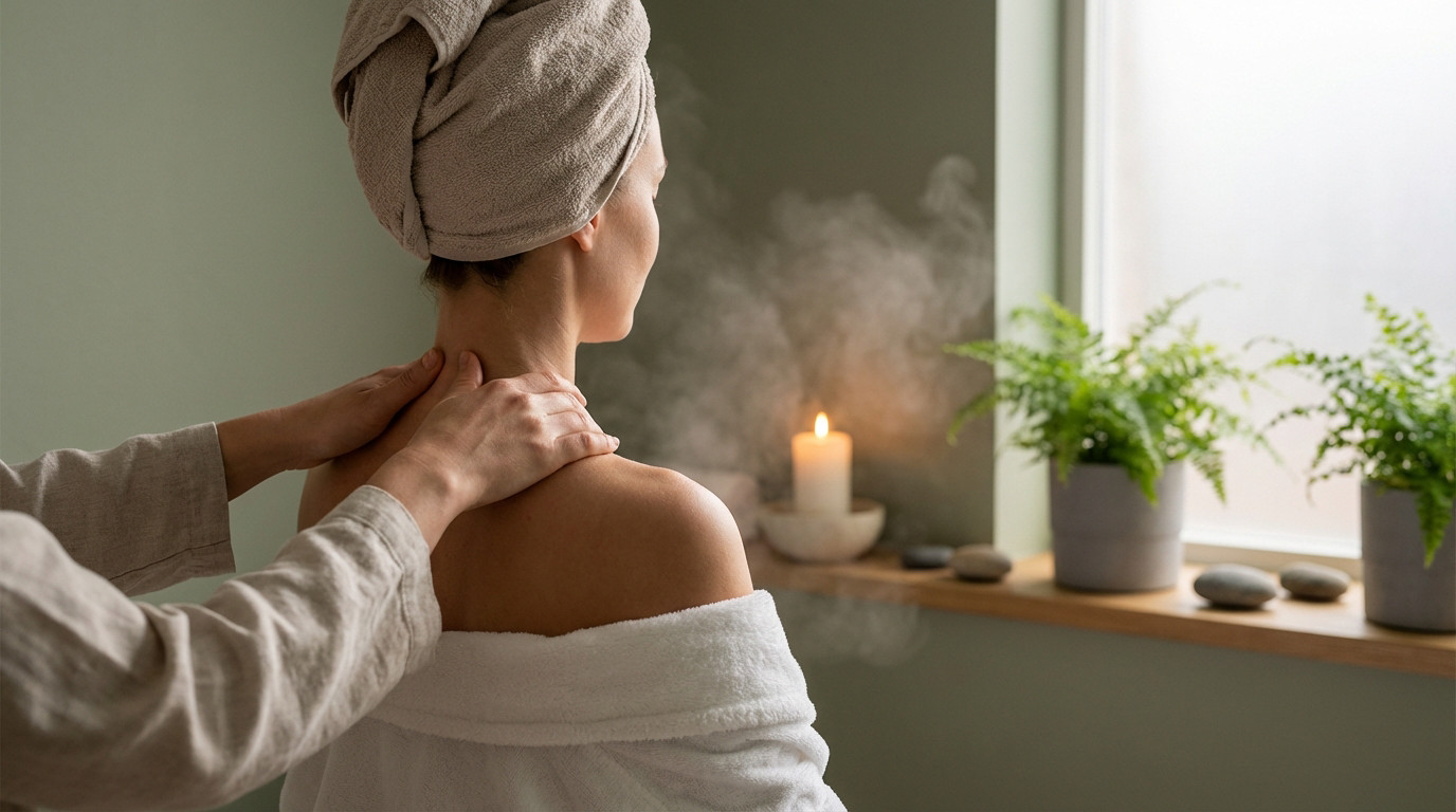 Vue de dos d'une femme avec serviette sur les cheveux recevant un massage du cou et des épaules. Ambiance zen avec bougie, vapeur et plantes.