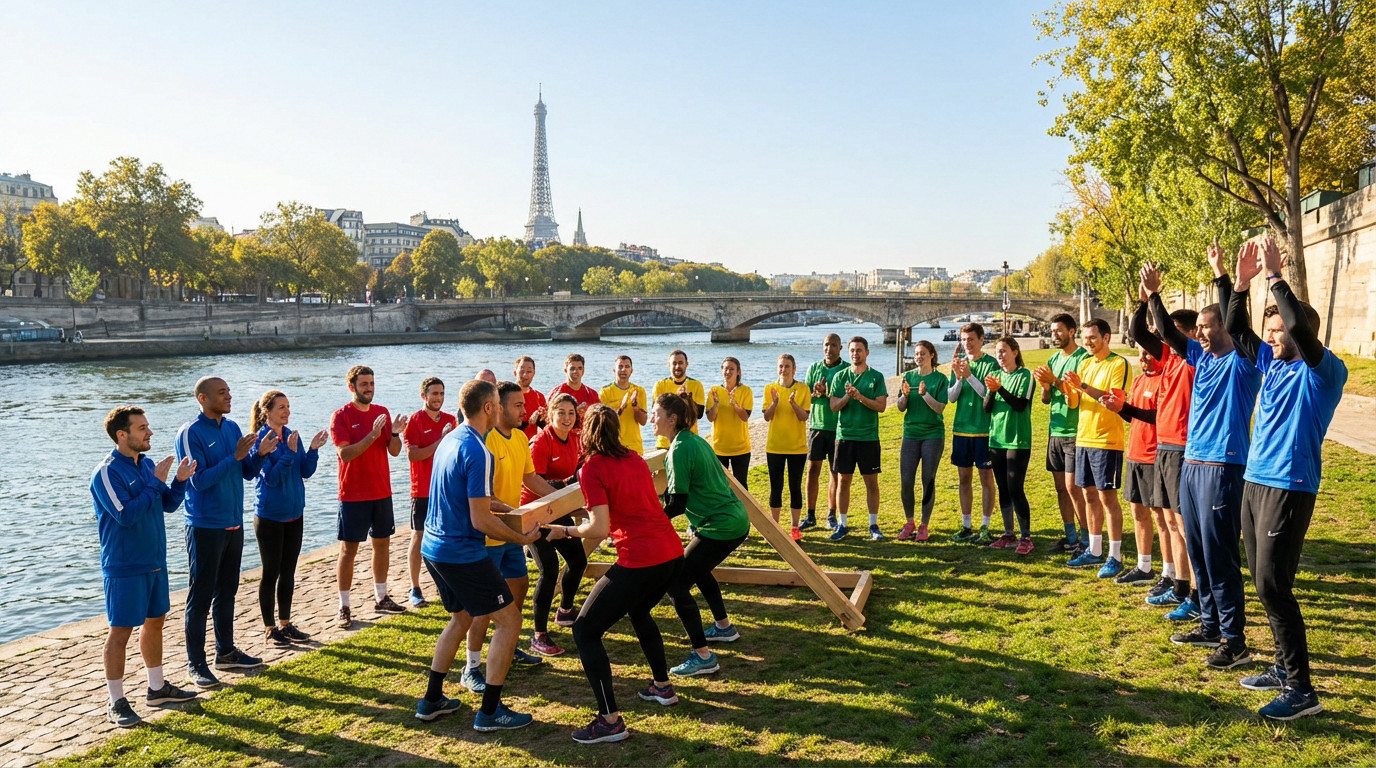 Team building sportif à Paris avec la Tour Eiffel Un groupe réalise un défi de team building sportif sur les quais de Seine à Paris, avec la Tour Eiffel en arrière-plan.